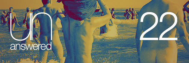 Header image for Unanswered Show 22 "When Is It OK To Be Naked?" featuring some nudists taking a dip in the sea